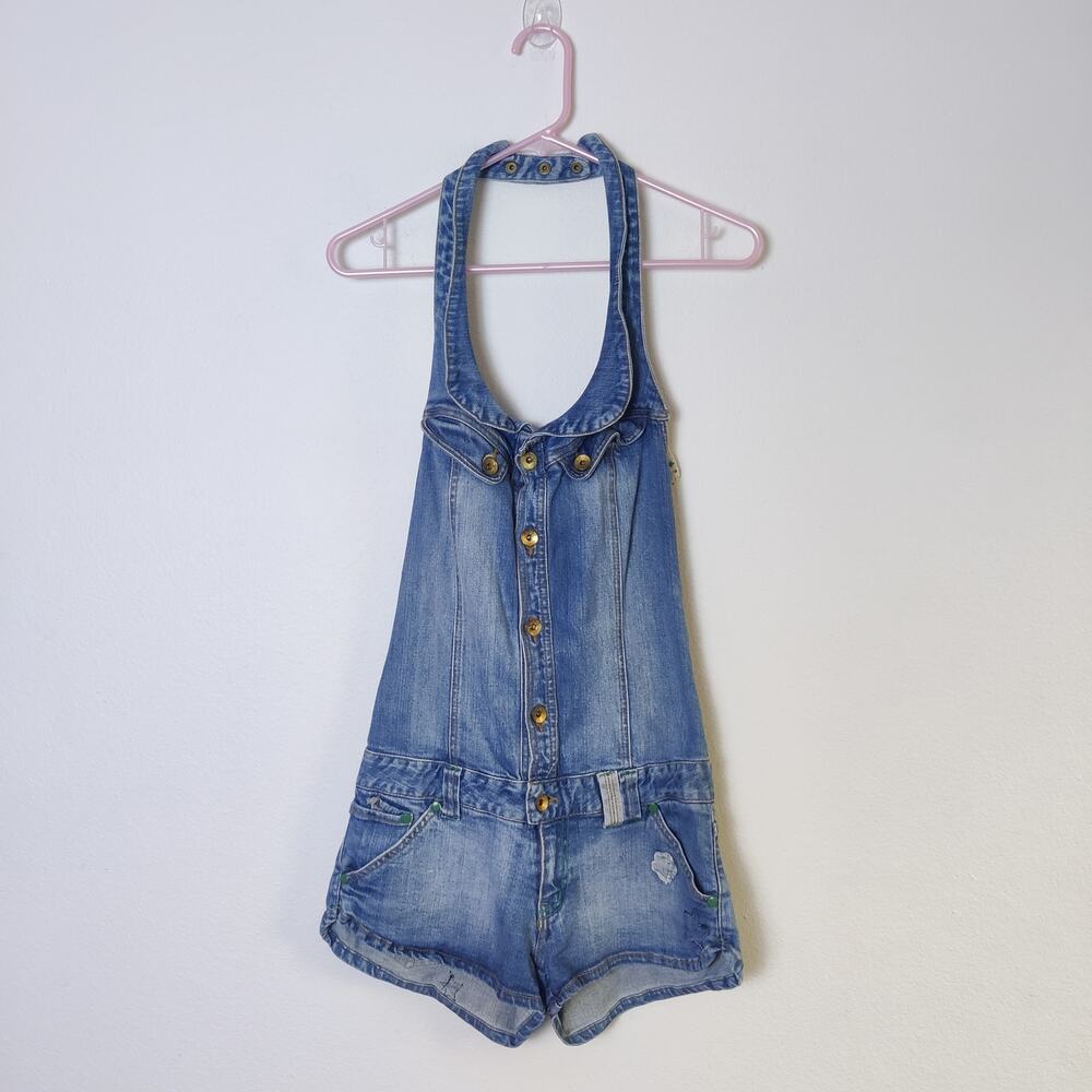 Vintage Denim Halter Shortall Romper Playsuit XS 2 Low Rise Y2K Western Festival